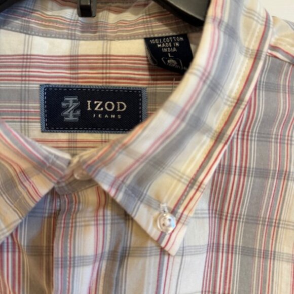 Izod Men's Vintage Plaid Short-Sleeve Button-Down Shirt Tan Sz L - Picture 2 of 6